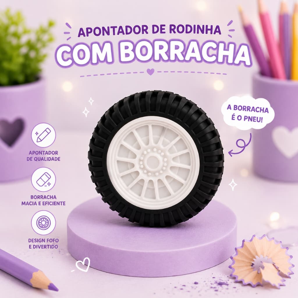 Apontador com Borracha Pneu Kawaii | Material Escolar