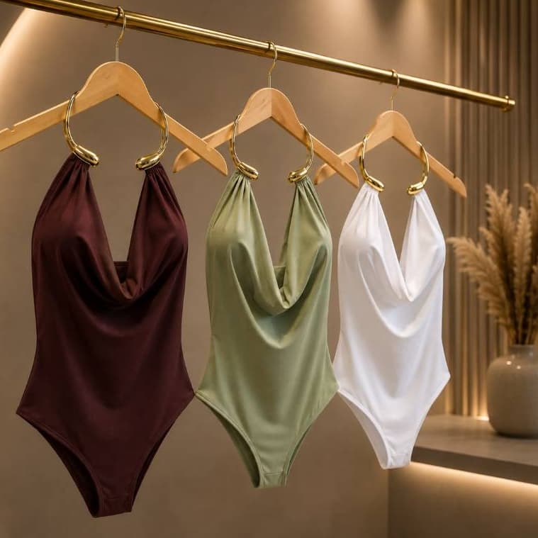 Body Feminino com Argola Dourada Decote Drapeado Suplex Premium Moda Luxo Blogueira Modela o Corpo
