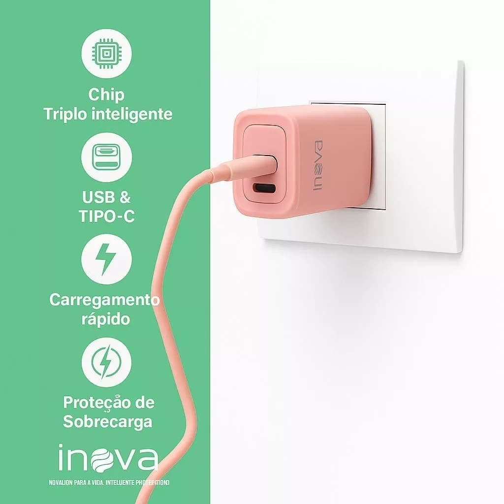 Carregador Rapido Tipo-C 2 Entradas 40W Original Rápido Inova USB e Chip Inteligente, Proteção Sobrecarga Colorido Anate
