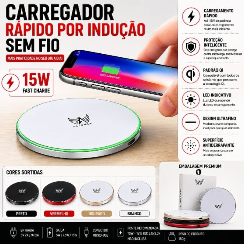 Carregador Sem Fio por Indução Qi 15W Altomex AW-69 LED para Celular Cores Sortidas