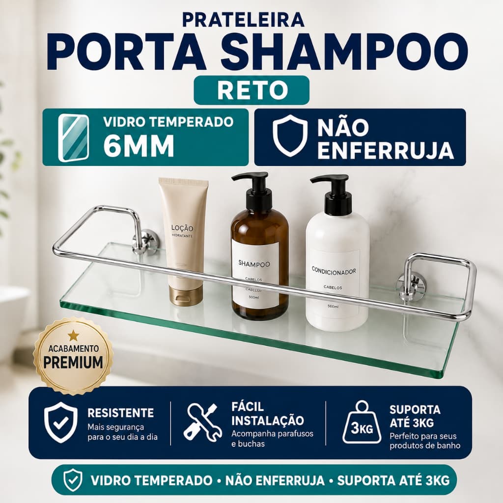 Prateleira Porta Shampoo Reto Vidro Temperado — Não Enferruja Premium