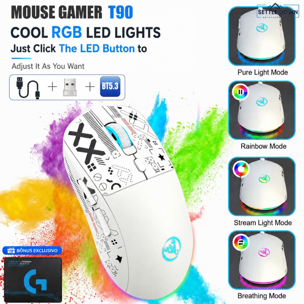 Mouse Gamer T90 Sem Fio Bluetooth BT5.3 2.4G Com Fio Recarregável RGB com Mouse Pad Incluso Para PC Notebook