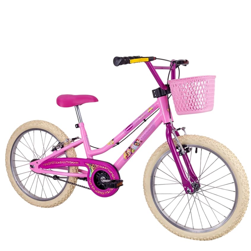 Bicicleta Infantil Feminina Aro 20 Princesas Disney com freios V-brake Com cestinho Suporta 70kg C/ pezinho de descanso