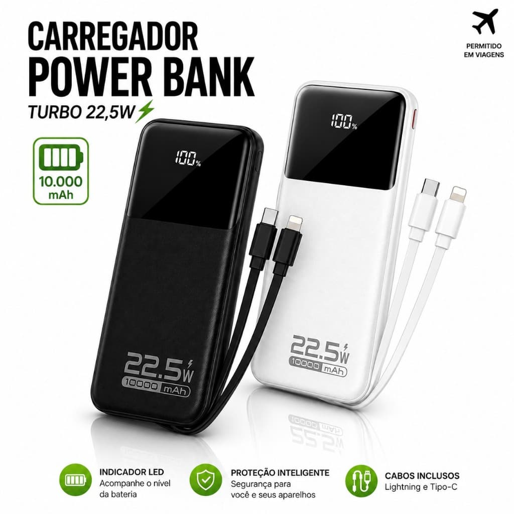 Carregador Power Bank 10000mAh Turbo 22,5W Portátil 2 Cabos Tipo-C Lightning iPhone Samsung Xiaomi