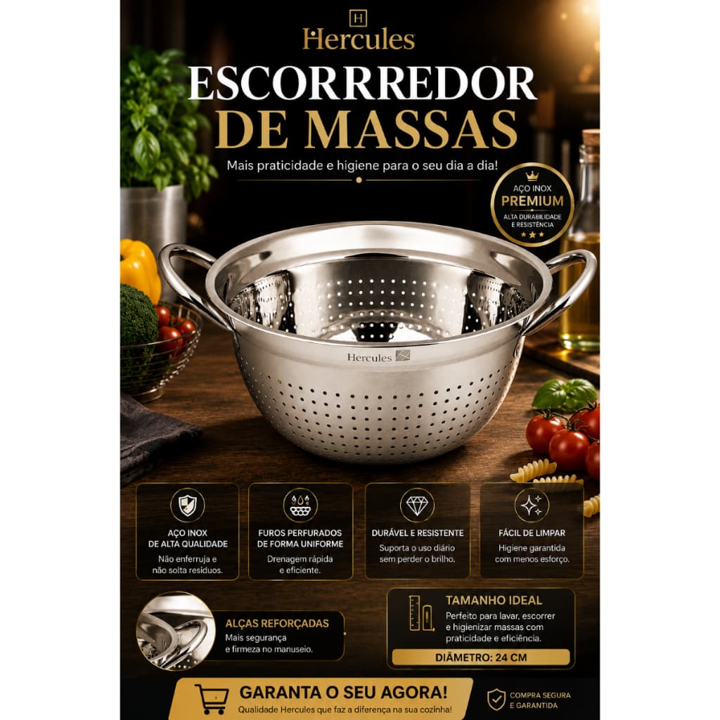 Escorredor de Massas Arroz Alimentos em Aço Inox Hercules
