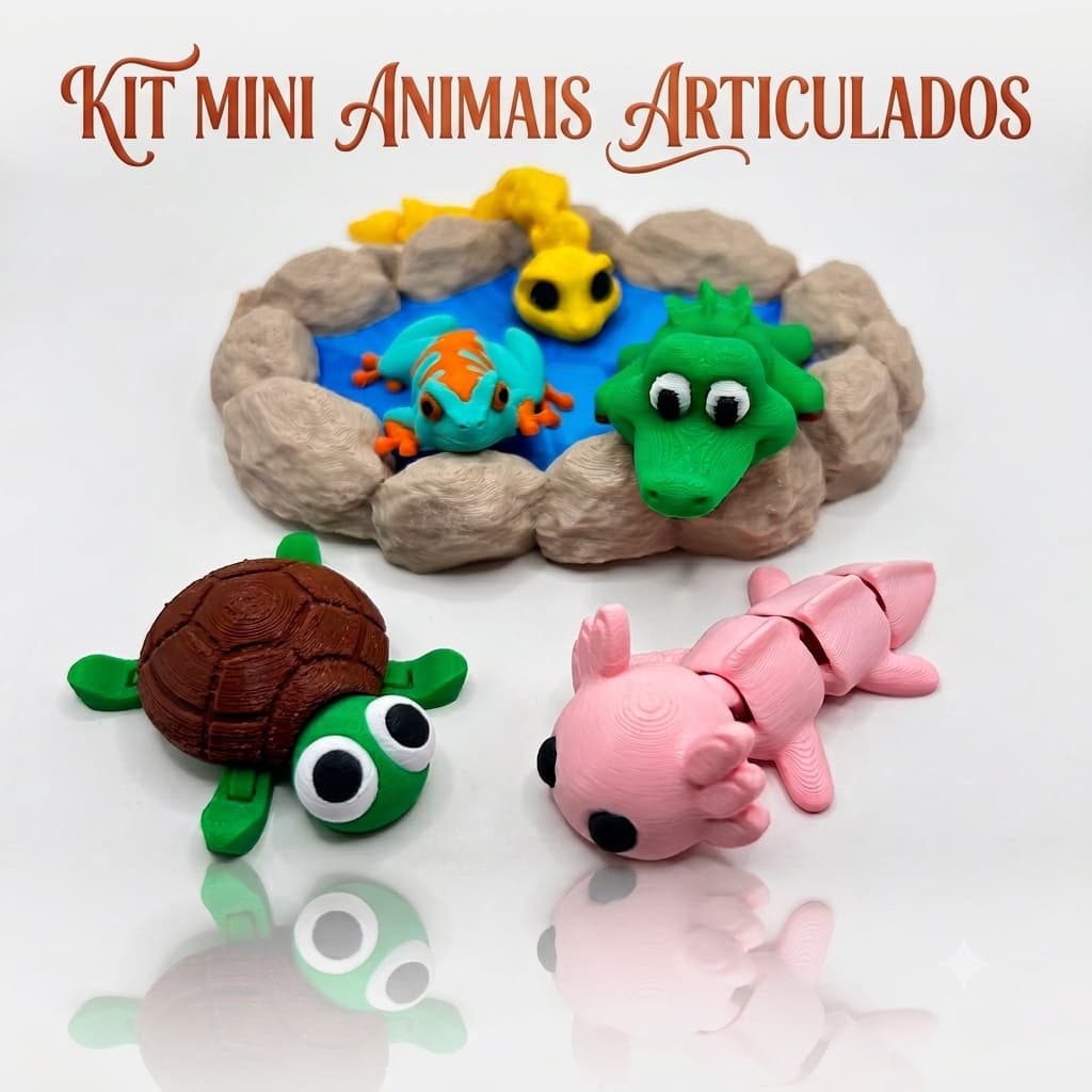 kit mini animais Articulados - Turma do Jacaré – Jacaré, Axolote, Cobra, Tartaruga e Sapo!
