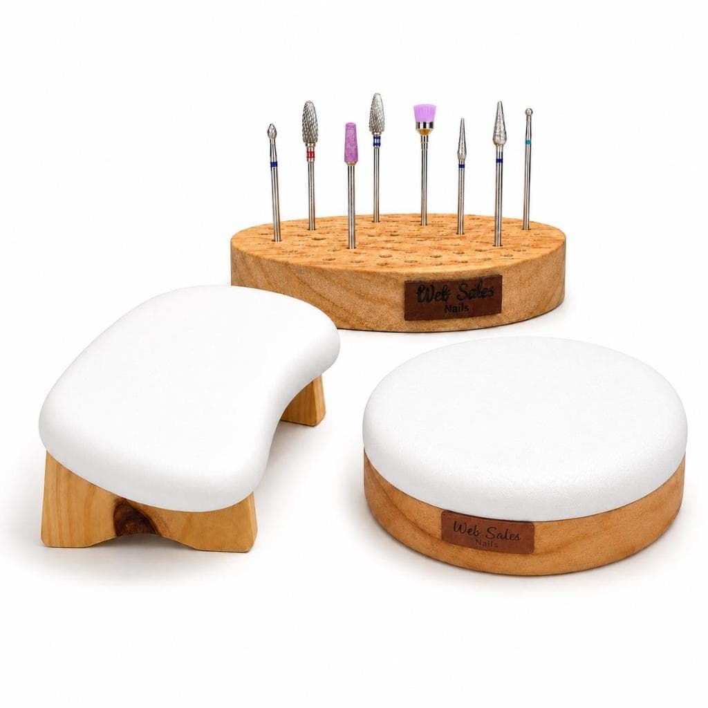 Kit Apoio de Mão Manicure Semi-Curvo Rústico + Apoio de Cotovelo + Suporte Organizador Brocas Web Sales Nails