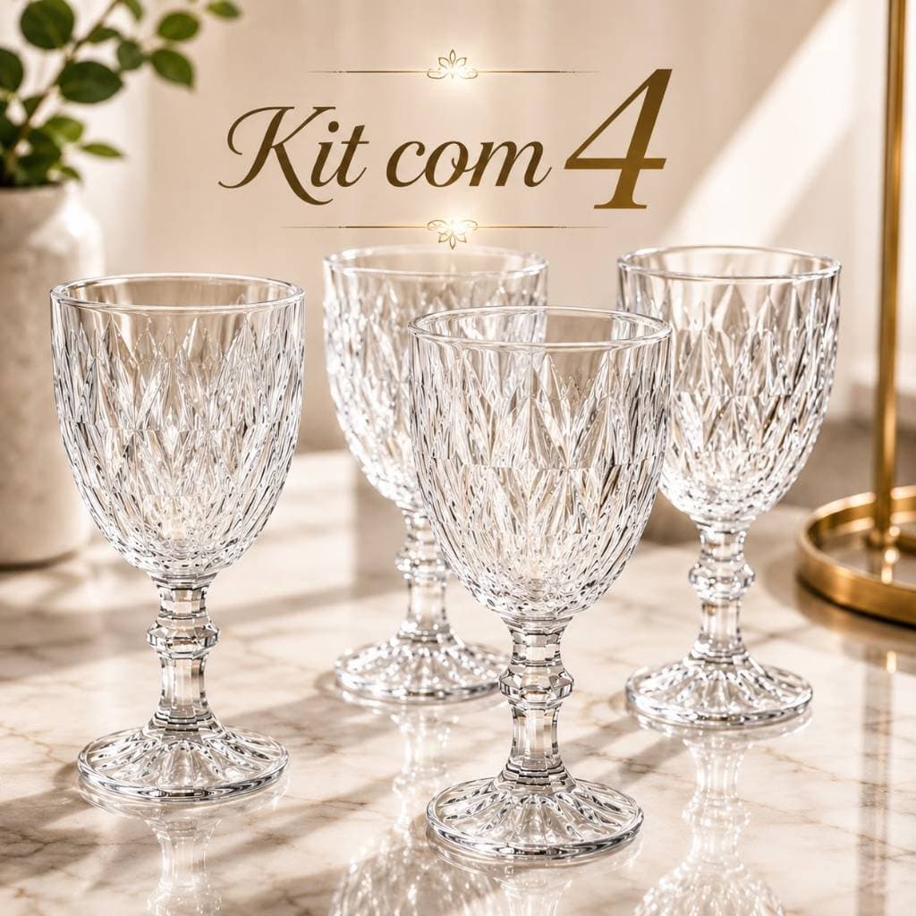 Kit 4 Taças Diamond de Vidro 320ml Taça para Vinho Água Suco Drinks Mesa Posta Luxo