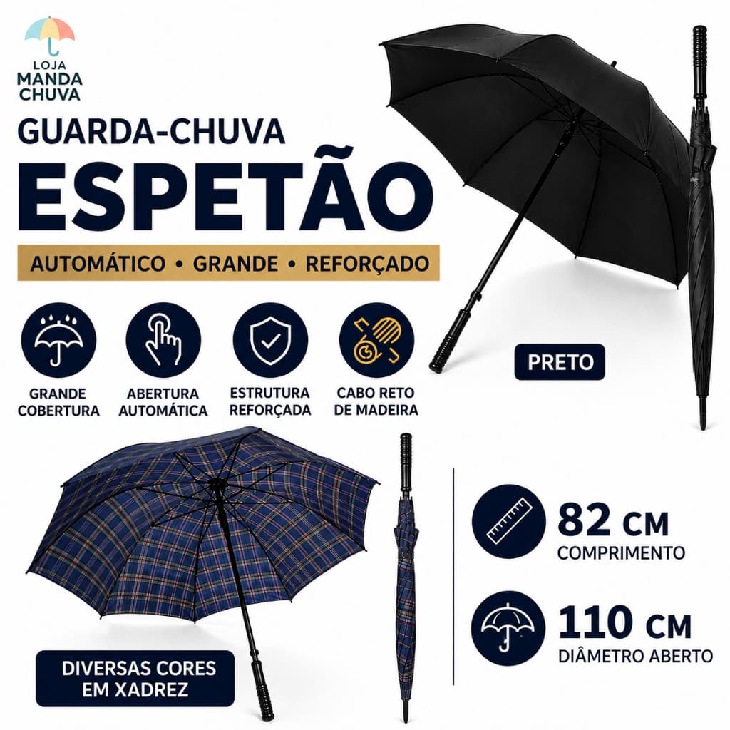 Guarda Chuva Grande Reforcado Automático Resistente Portaria Masculino Espetão Preto ou Xadrez Cabo Madeira