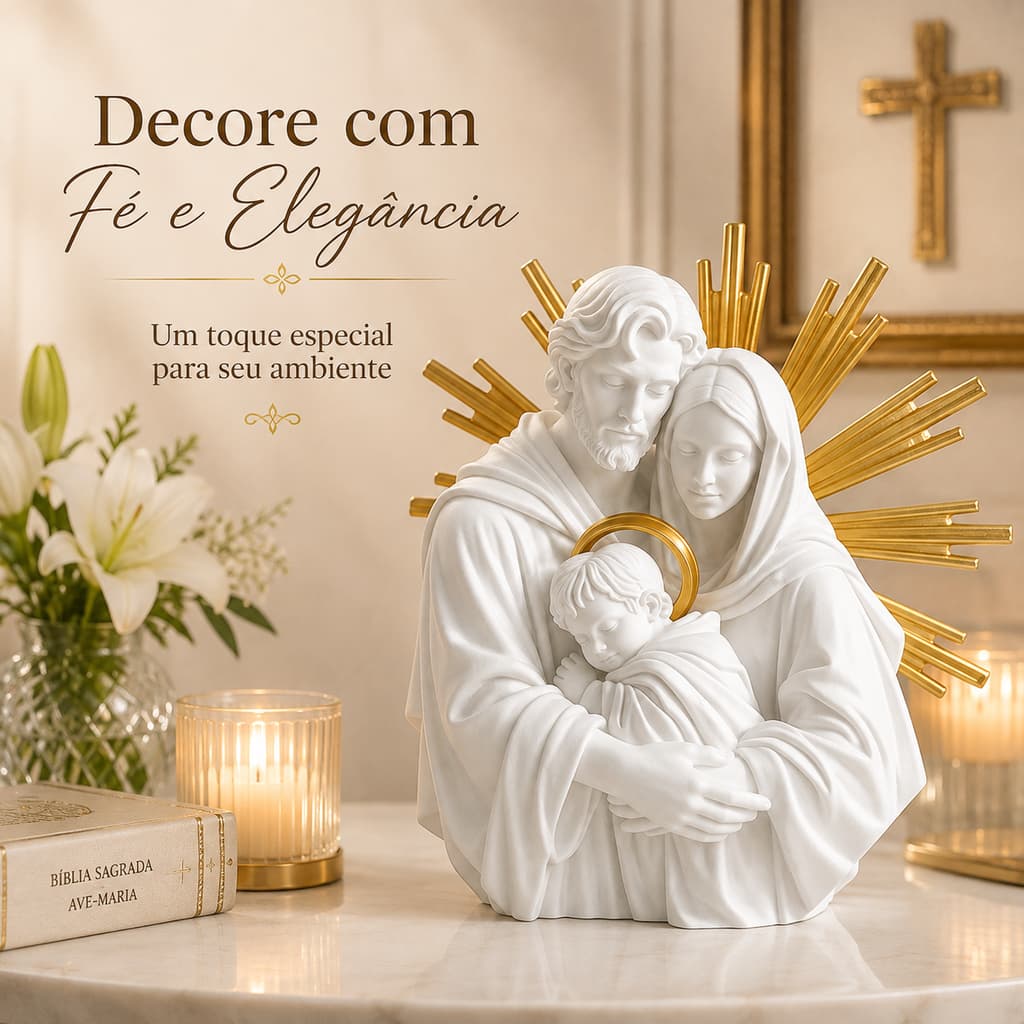 Sagrada Família Decorativa 19x19cm Estátua Religiosa Católica Branca com Detalhes Dourados