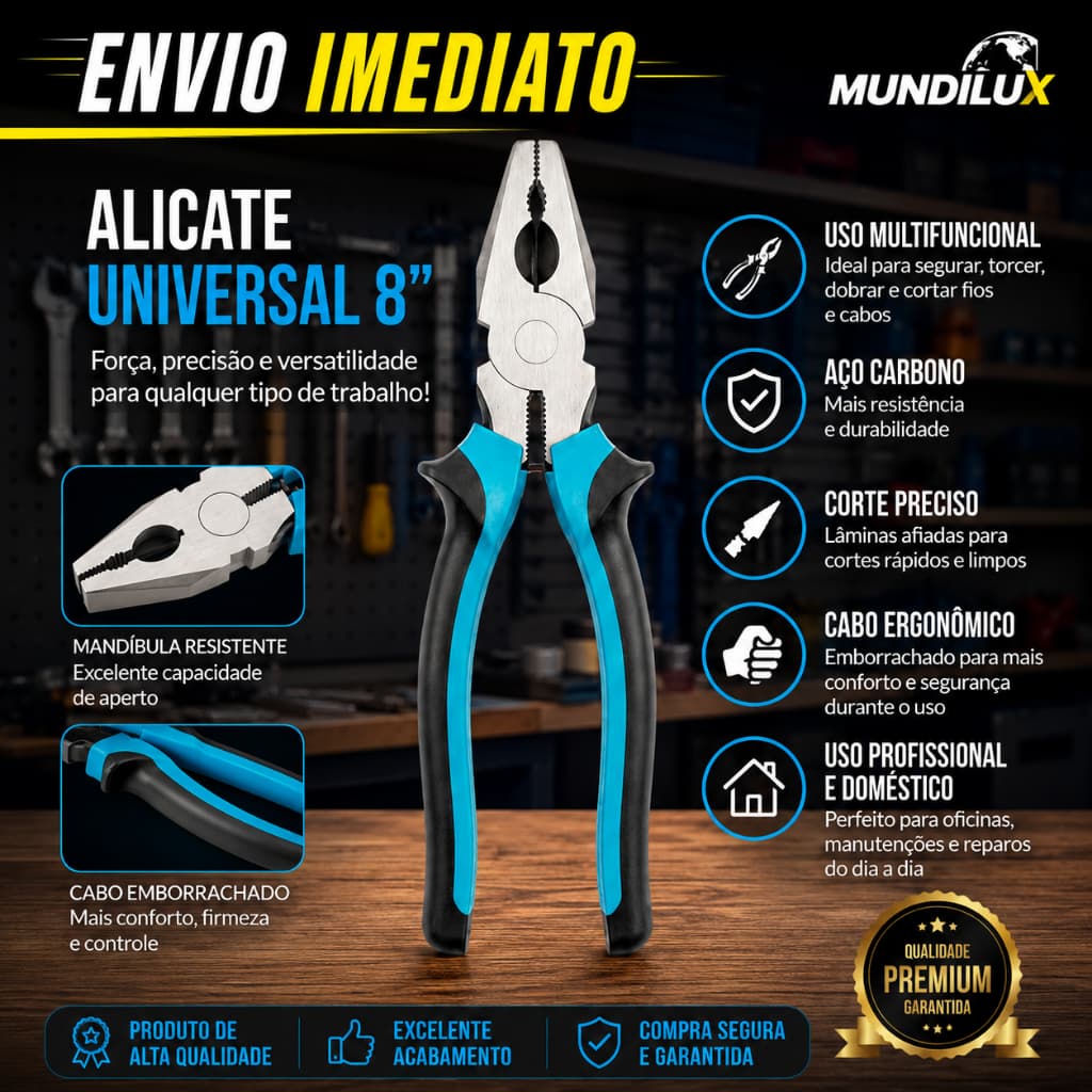 Alicate Universal 8" Profissional - Aço Carbono Reforçado - Cabo Ergonômico - Antiderrapante