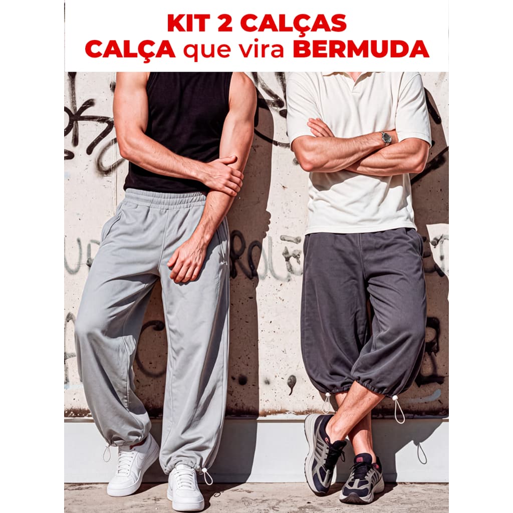 Kit 2 Calças/Bermuda Moleton Masculinas Wide Leg Baggy Streetwear Treino Confortável