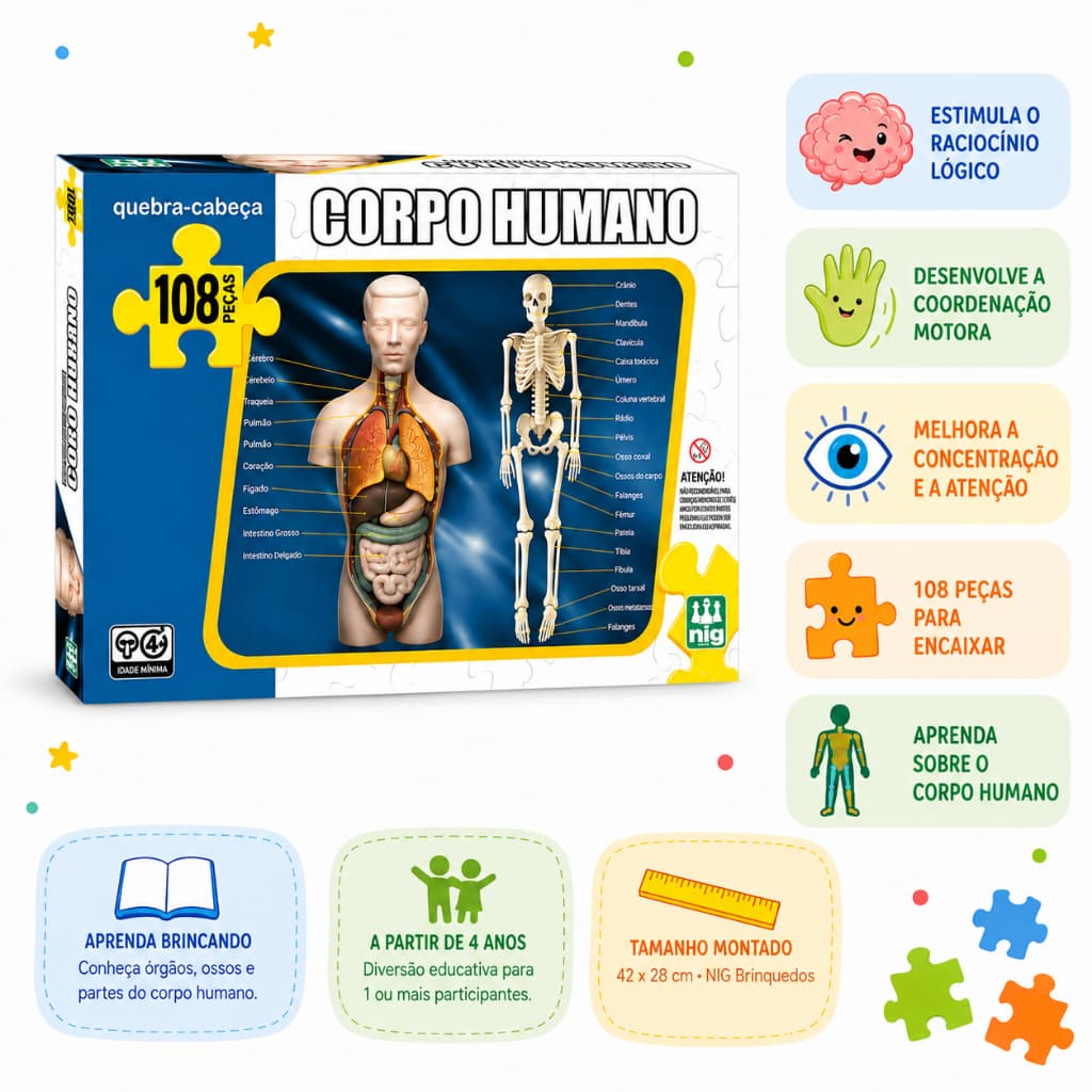 Quebra-Cabeça Corpo Humano 108 Peças Nig Educativo Anatomia Infantil +4 Anos
