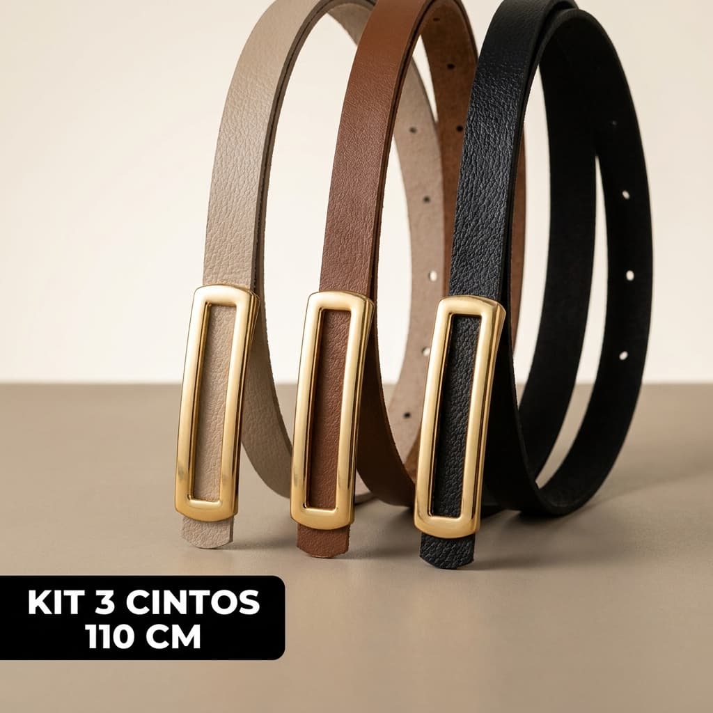 Cintos Femininos Finos com Fivela Dourada Retangular Moda Blogueira 110cm