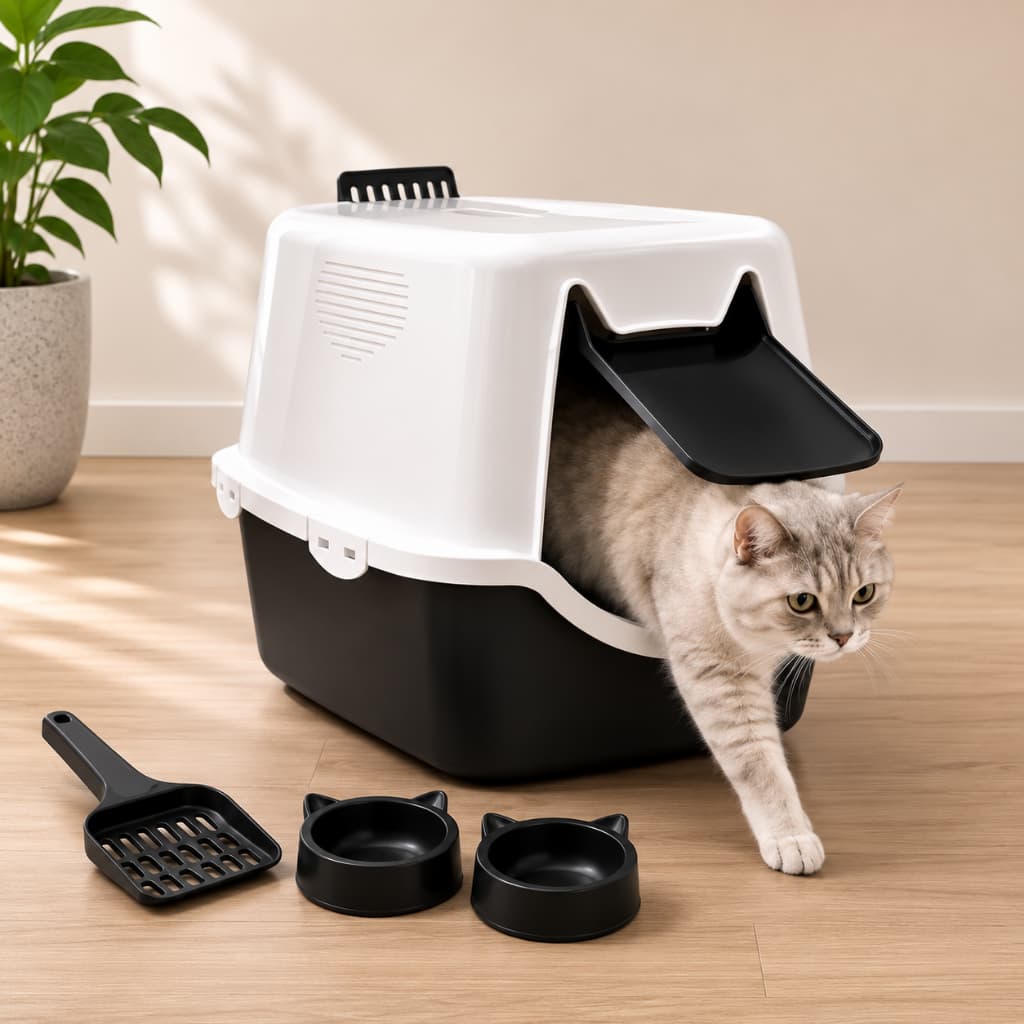 Caixa de Areia Fechada Grande Banheiro Toalete Sanitário Para Gato Filtro de Carvão Pá 2 Comedouros