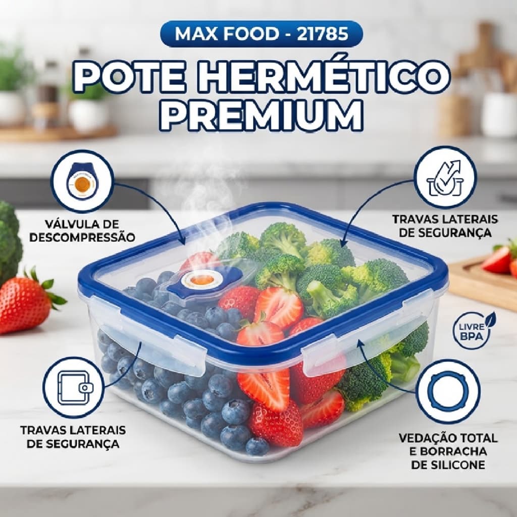 Pote Vasilha Hermético Plástico Azul Travas Borracha Vedação Válvula Descompressão 21785 Max Food
