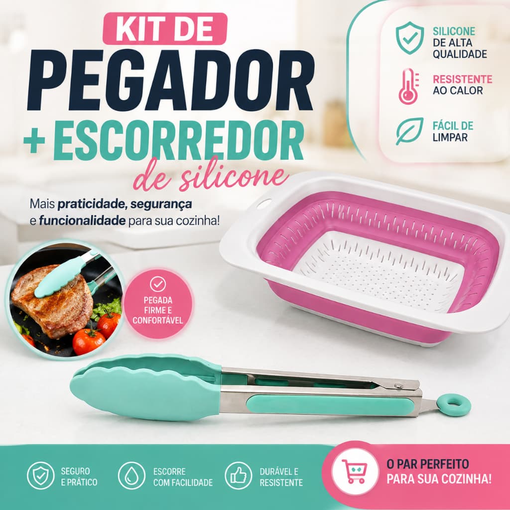 Kit Escorredor Dobrável de Silicone + Pegador de Silicone Resistente ao Calor Cozinha Premium