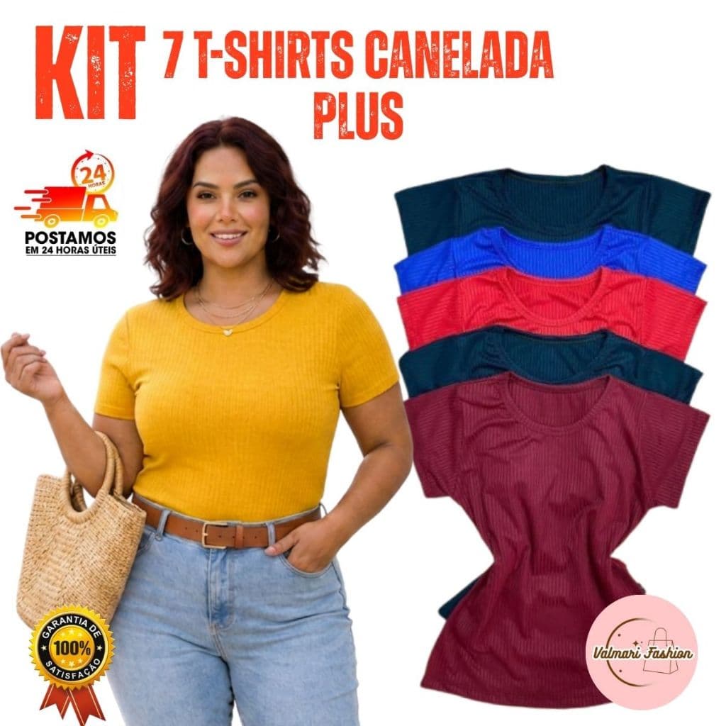 Kit Blusas Femininas Plus T-Shirts em Malha Canelada Premium Básica Plus Size