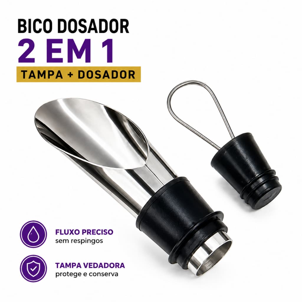 Bico Dosador para Garrafa com Tampa Vinho Whisky Bebidas 2 em 1 - Inox - Silicone