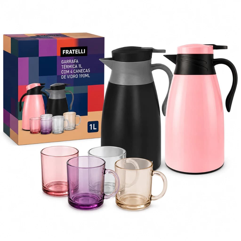 Garrafa Térmica 1L com 4 Copos 190ml Conjunto para Café Chá Preta, Rosa ou Branca