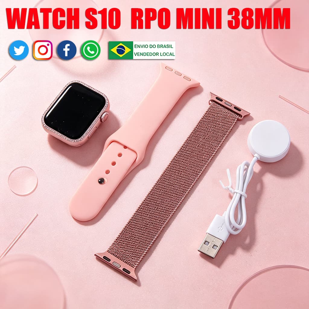 Novo Smartwatch Watch10 Mini 38mm com Pedrarias Notificações Bluetooth Calculadora Impermeável e Compatível Android/iOS