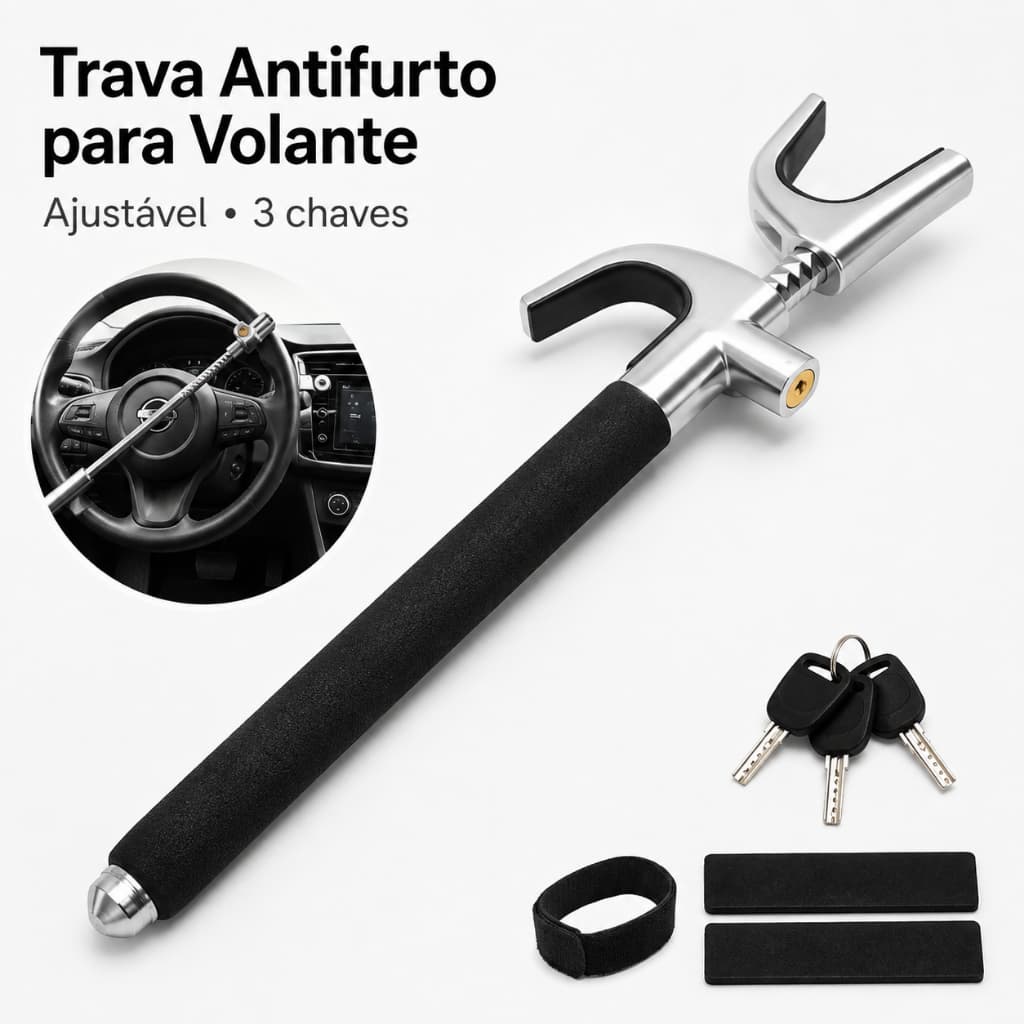 Trava Antifurto para Volante Ajustável Telescópica com 3 Chaves para Carro SUV Van – Preta/vermelho
