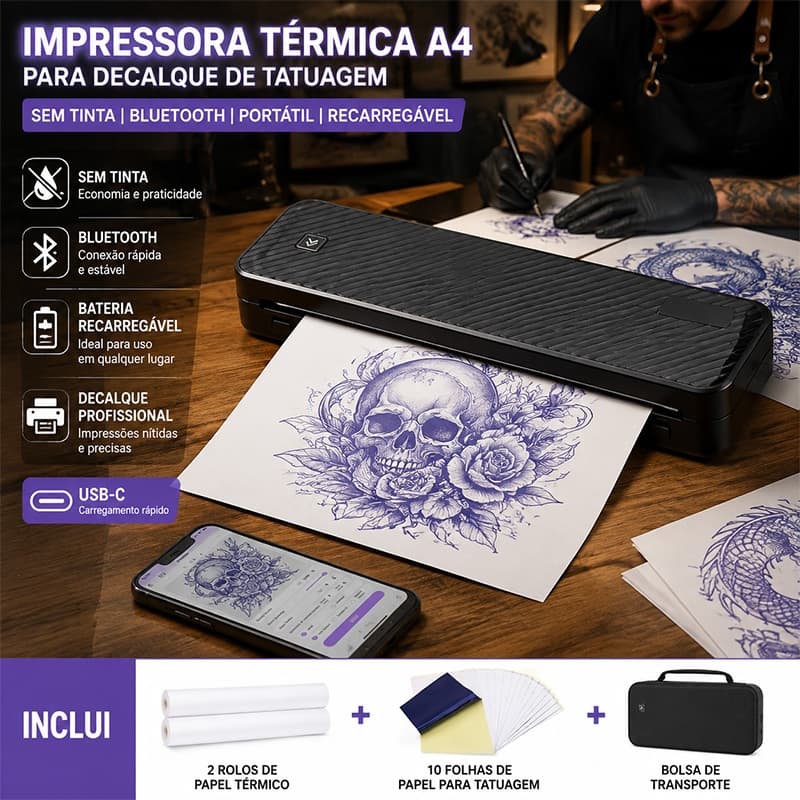 Impressora Térmica A4 para Decalque de Tatuagem Sem Tinta Bluetooth Portátil Recarregável USB-C Stencil Tattoo