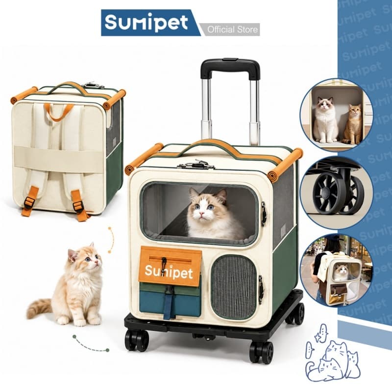 Bolsa Mochila Pet com Rodinhas 360° e Alça Retrátil, Várias Aberturas, para Gatos e Cães Pequenos