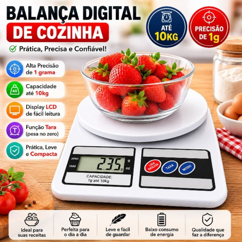 Balança Digital de Cozinha 10kg Alta Precisão 1g LCD Eletrônica com Função Tara