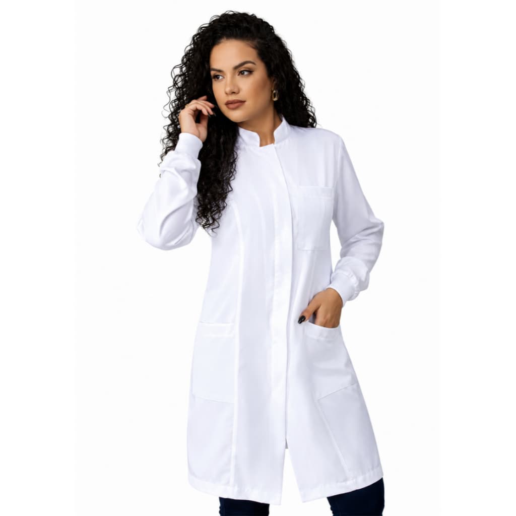 Jaleco Feminino Gabardine Branco, Botão Embutido, Gola Padre, Com Punho, Manga Longa, Acinturado