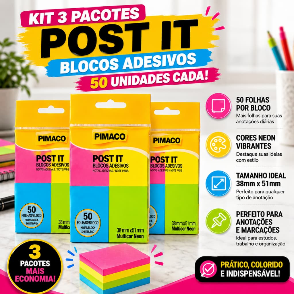 Kit 3 Pacotes com 4  Post its Colorido Lembrete bloco adesivo Papel colável 50 folhas NEON