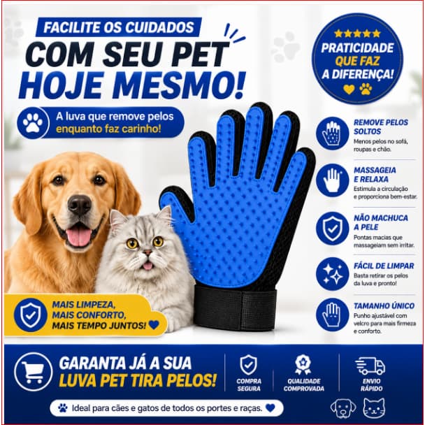 Luva Tira Pelo Pet Cachorro Gato Escova Massageadora Silicone Remove Pelos Nano Magnética Mão Direita