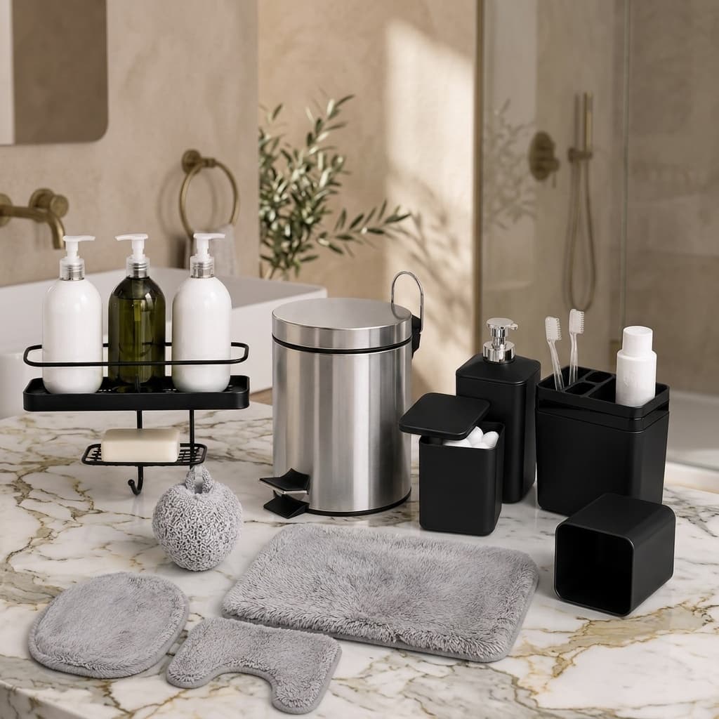 Kit Banheiro 4 Peças  Porta Shampoo Jogo de Tapetes Kit Porta Escova Lixeira  Inox 5L