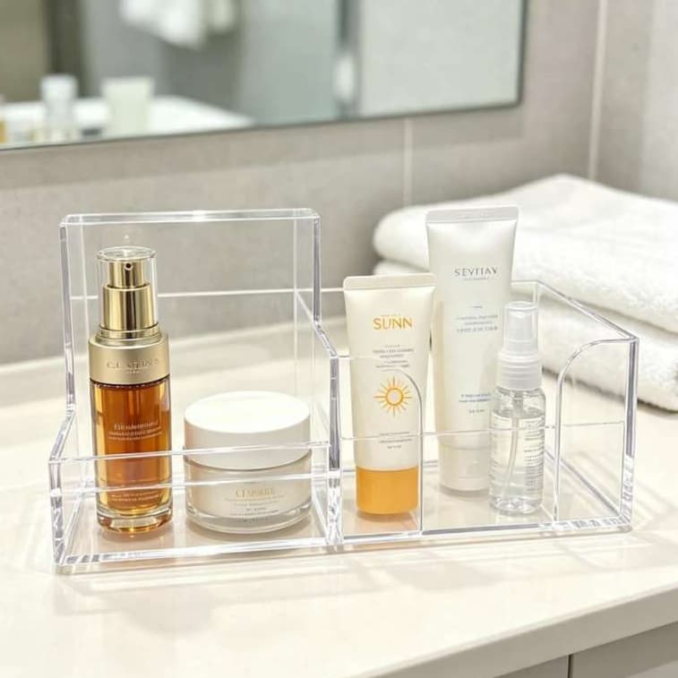 Organizador de Maquiagem em Acrílico Moderna Porta Cosméticos Skincare Perfumes e Pincéis para Bancada