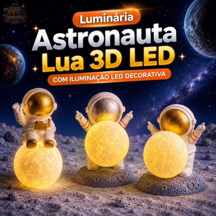 Luminária Astronauta Lua 3D LED Decorativa Luz Noturna Quarto Infantil