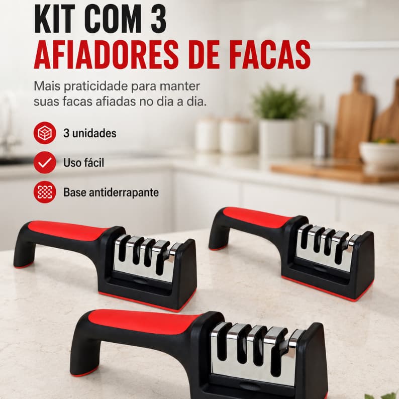 Jogo 3 Afiadores de Facas Manual 4 Encaixes com Cabo Ergonômico Base Firme Antiderrapante