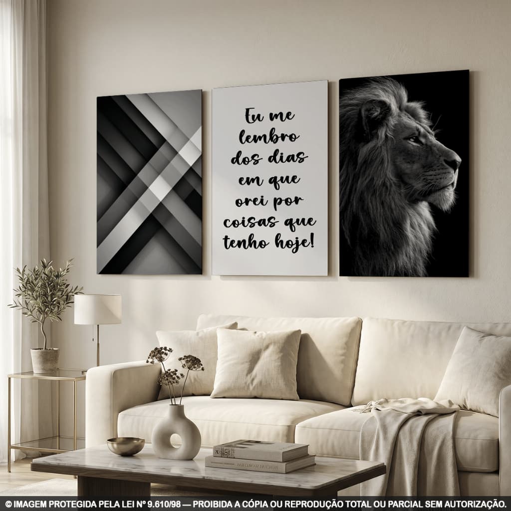 Kit 3 Quadros Decorativos Leão com Frase de Gratidão e Arte Geométrica Preto e Branco