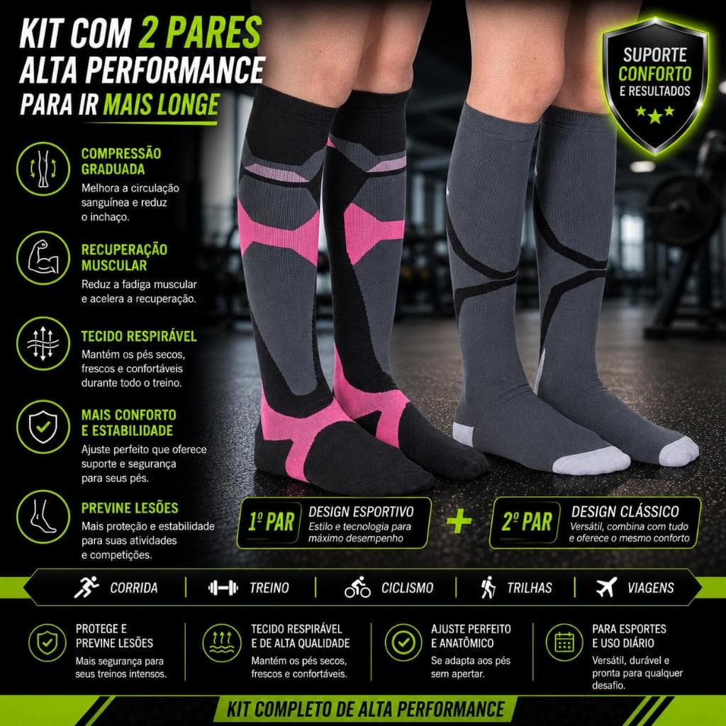 Kit 2 Pares de Meias Compressão para Varizes e Para Pratica De  Ciclismo Corrida e Academia Feminina
