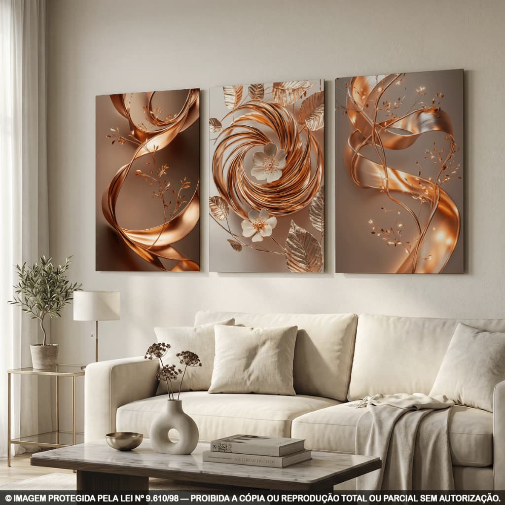 Quadros Decorativos Abstrato Dourado Geométrico Floral 3D Luxo Kit 3 Peças Moderno Elegante Sala Premium