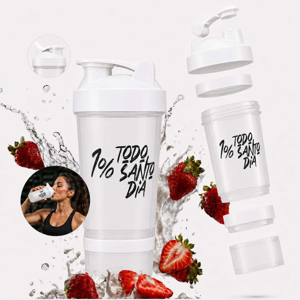 Coqueteleira Shaker Fitness 600ml Transparente com Porta Suplemento Misturador Whey Protein Vedação