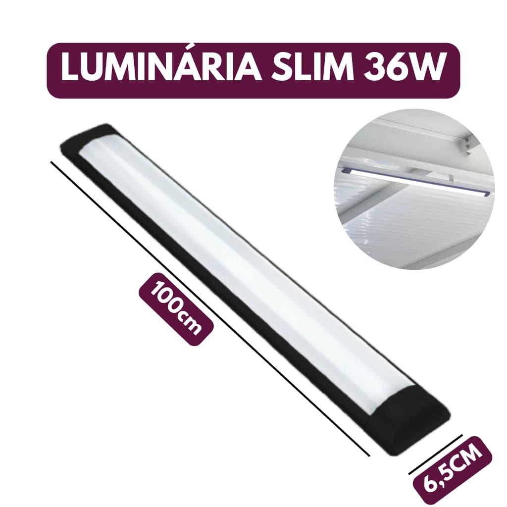 Luminaria Tubular Led Slim 36w 100cm Preto 6500k Branco Frio Avant Bivolt 127V - 220V