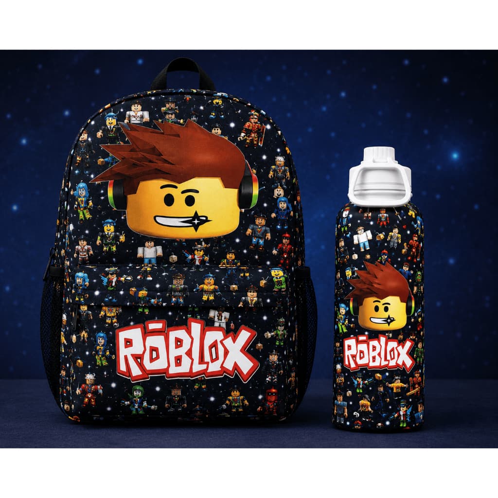 Kit Mochila Escolar Infantil e Garrafa Térmica Com FIltro Roblox