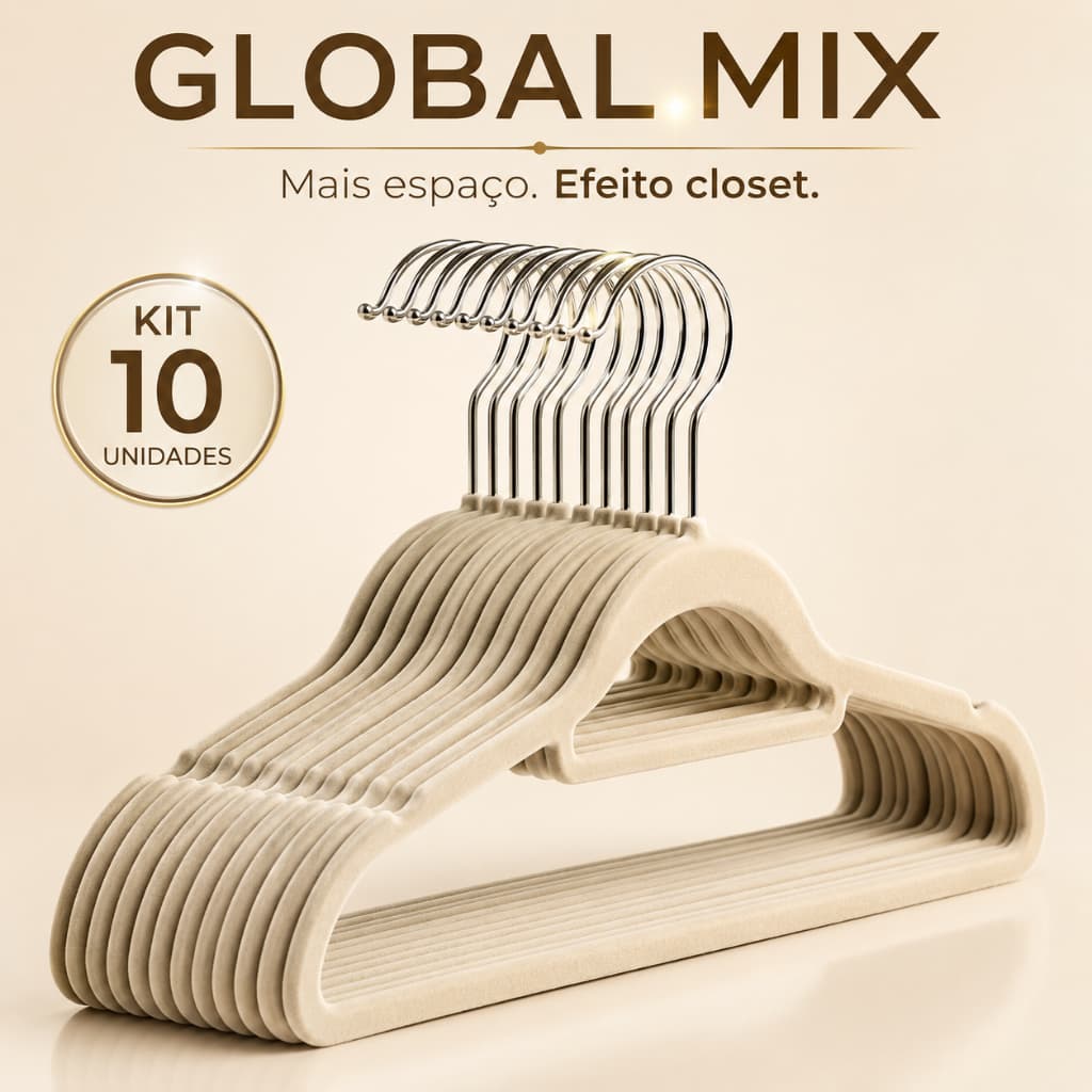 Kit 10 Cabides Slim Veludo Bege Antiderrapante Organizador de Roupas Economiza Espaço