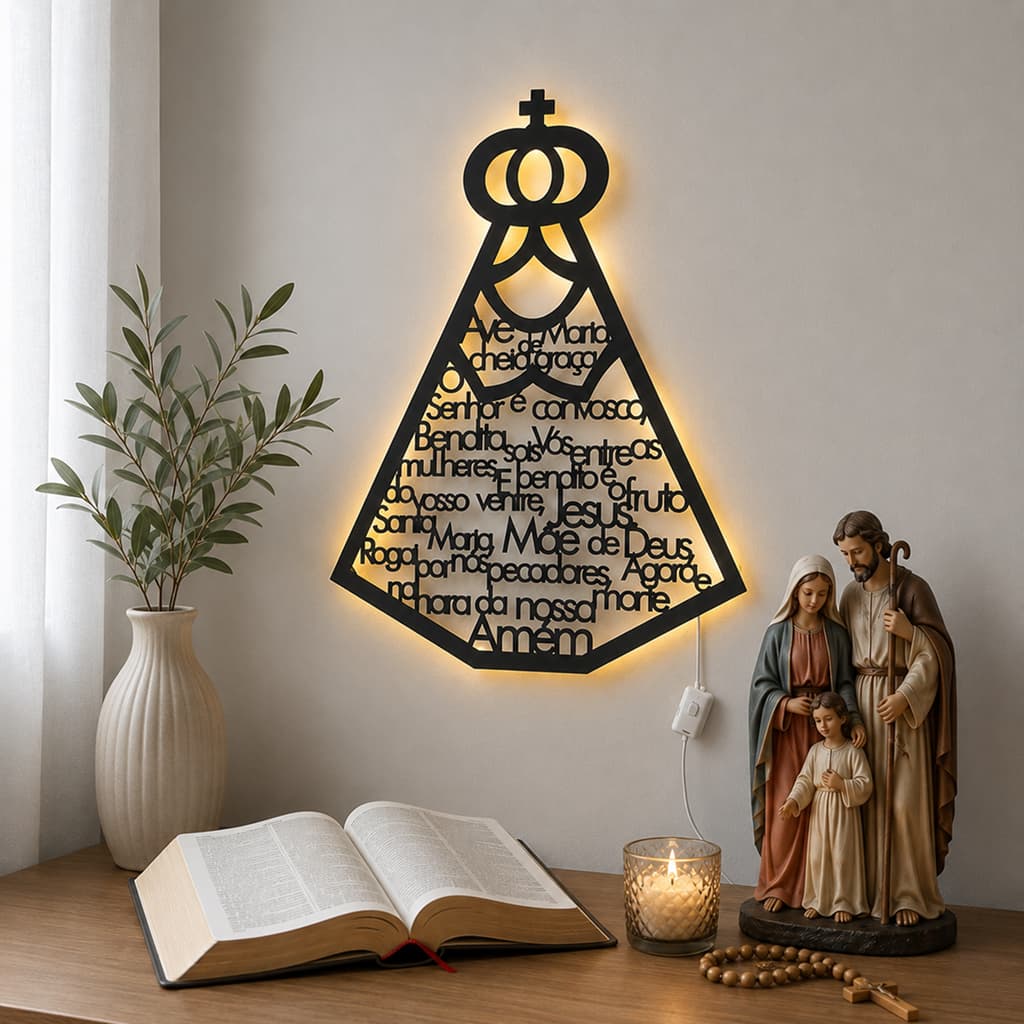 Luminária Nossa Senhora Aparecida MDF com LED e Oração Ave Maria – Decoração Religiosa Parede 30cm