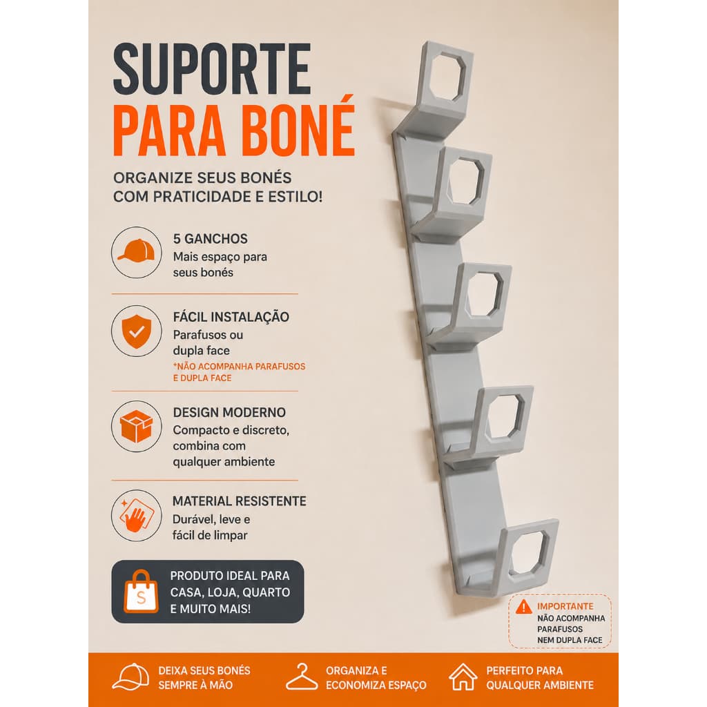 Suporte para Boné de Parede 5 Ganchos | Organizador de Bonés |  | 2 Unidades