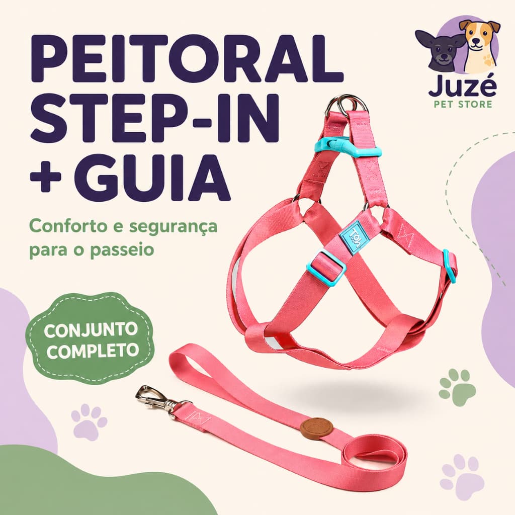 Peitoral Step In TOH com Guia para Cachorro Ajustável – Kit Passeio Rosa