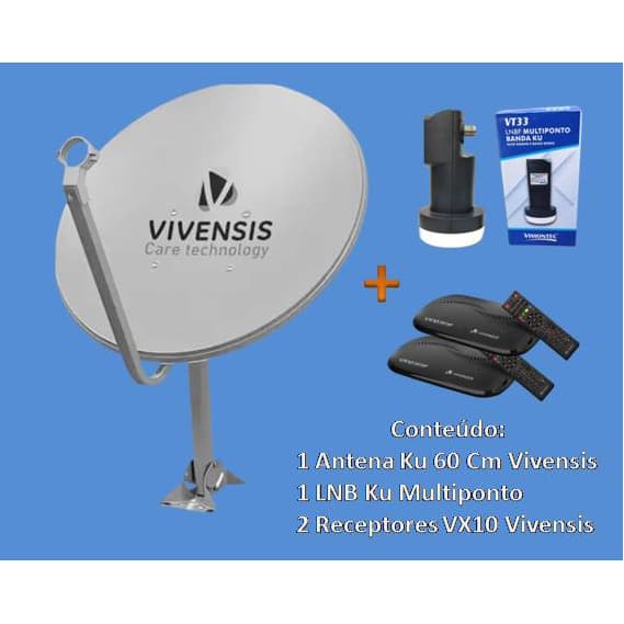 Kit Nova Parabolica Digital Vivensis Com 2 Receptores VX10 e LNB Ku Multiponto