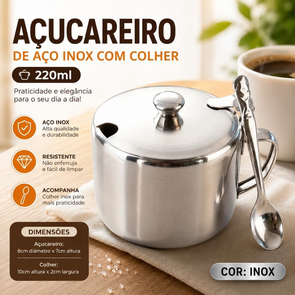 Porta Açucar Açucareiro de aço inox com colher com Tampa Colherzinha 220ml Cafeteria Restaurantes🧁