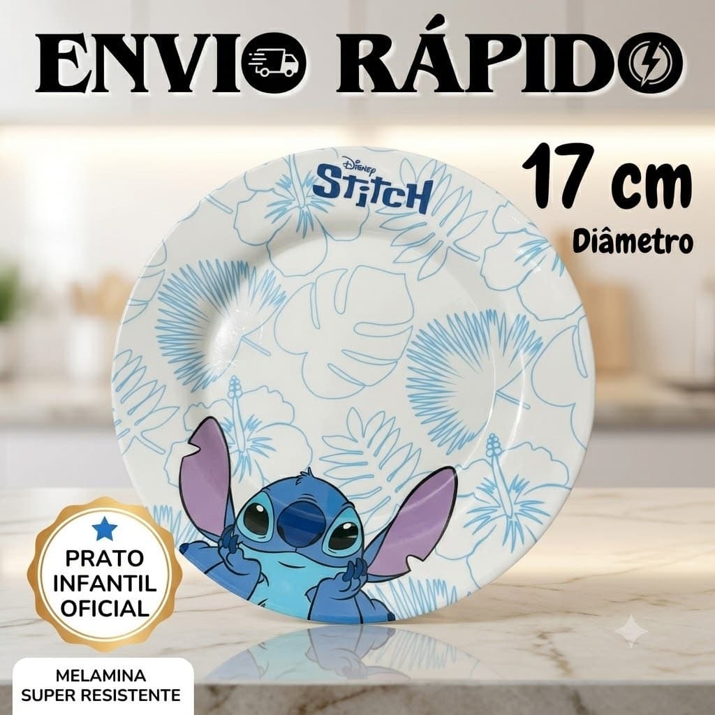 Prato Sobremesa Stitch Infantil Disney Melamina 17cm Licenciado Leve Resistente Decorativo Comida