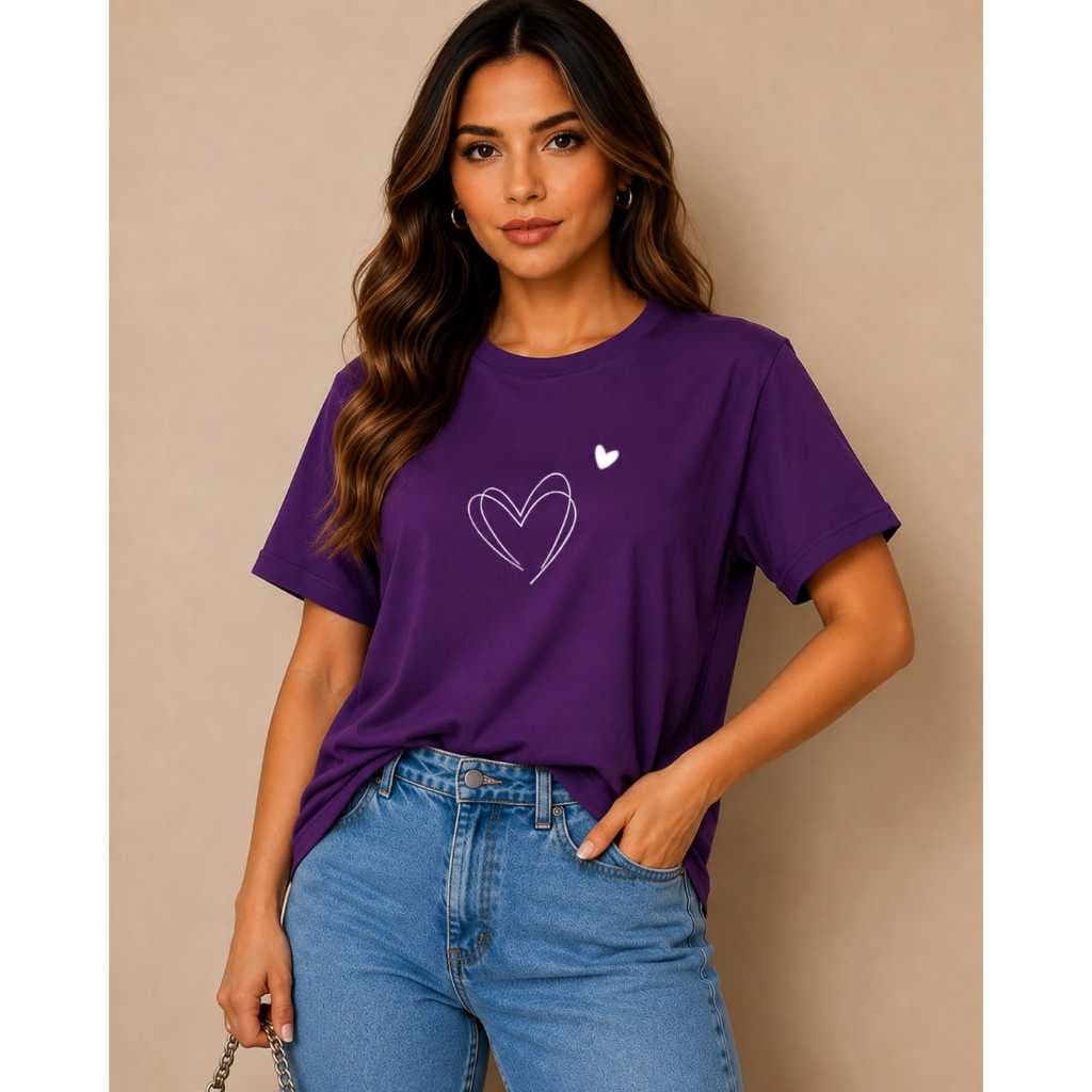 Camiseta Feminina Coração Minimalista Estampada Casual Confortável - Manga Curta 100% Algodão